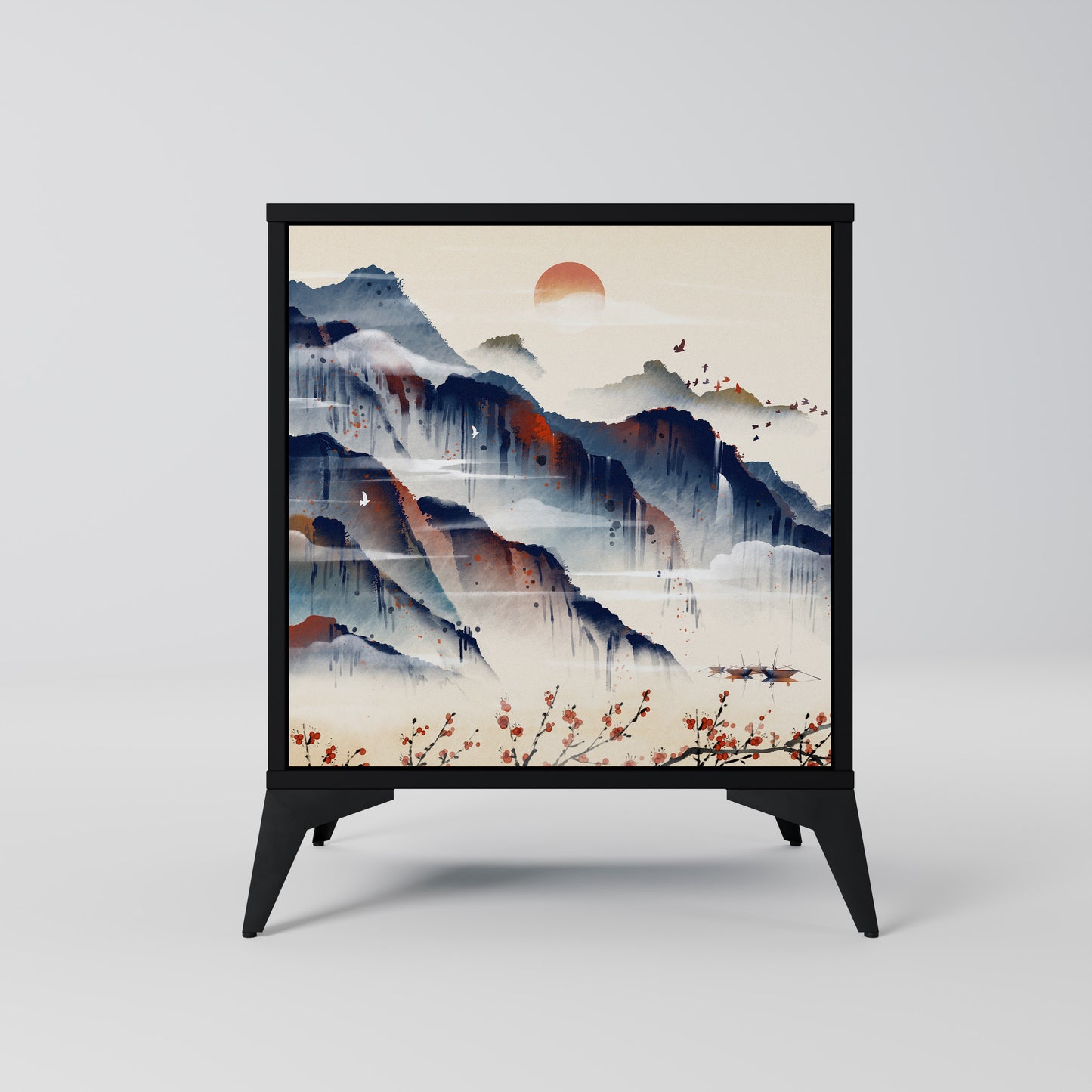 Credenza JAPANESE LANDSCAPE a 1 anta con finitura nera