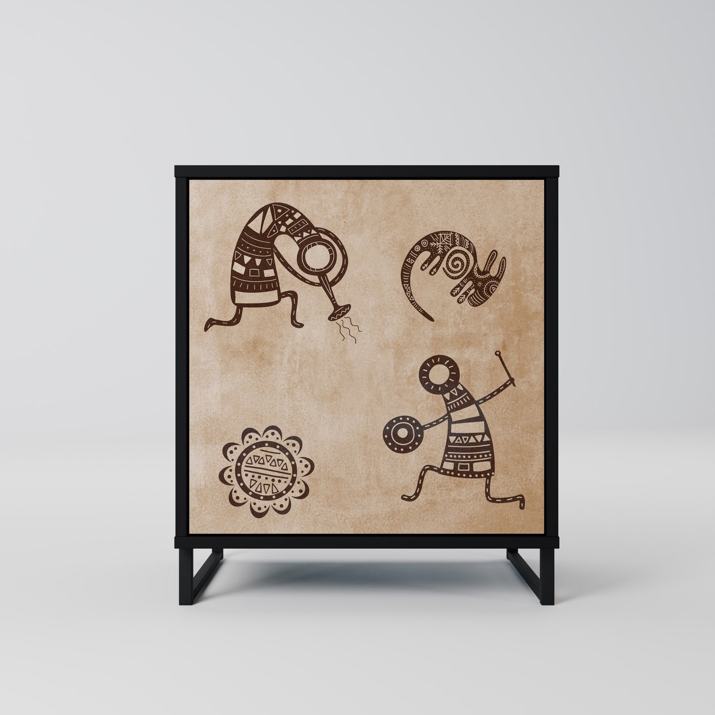 Credenza a 1 anta in stile africano con finitura nera