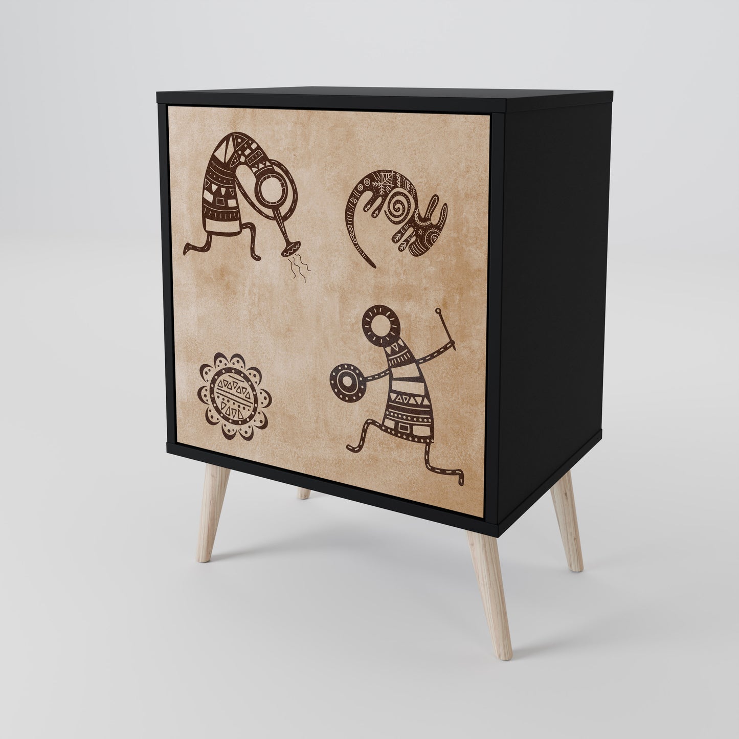 Credenza a 1 anta in stile africano con finitura nera