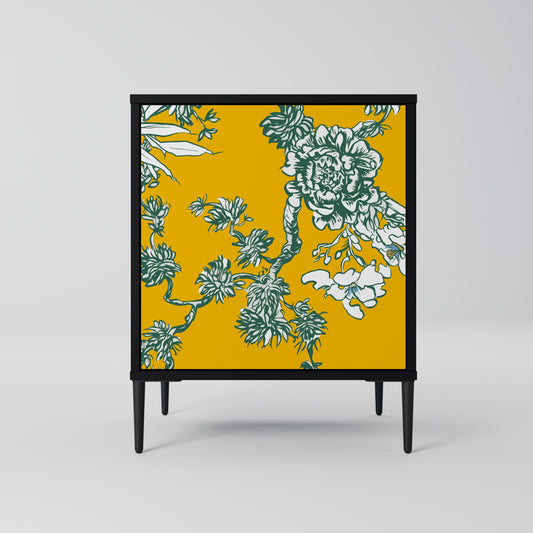 YELLOW CHINOISERIE 1-Door Sideboard in Black Finish