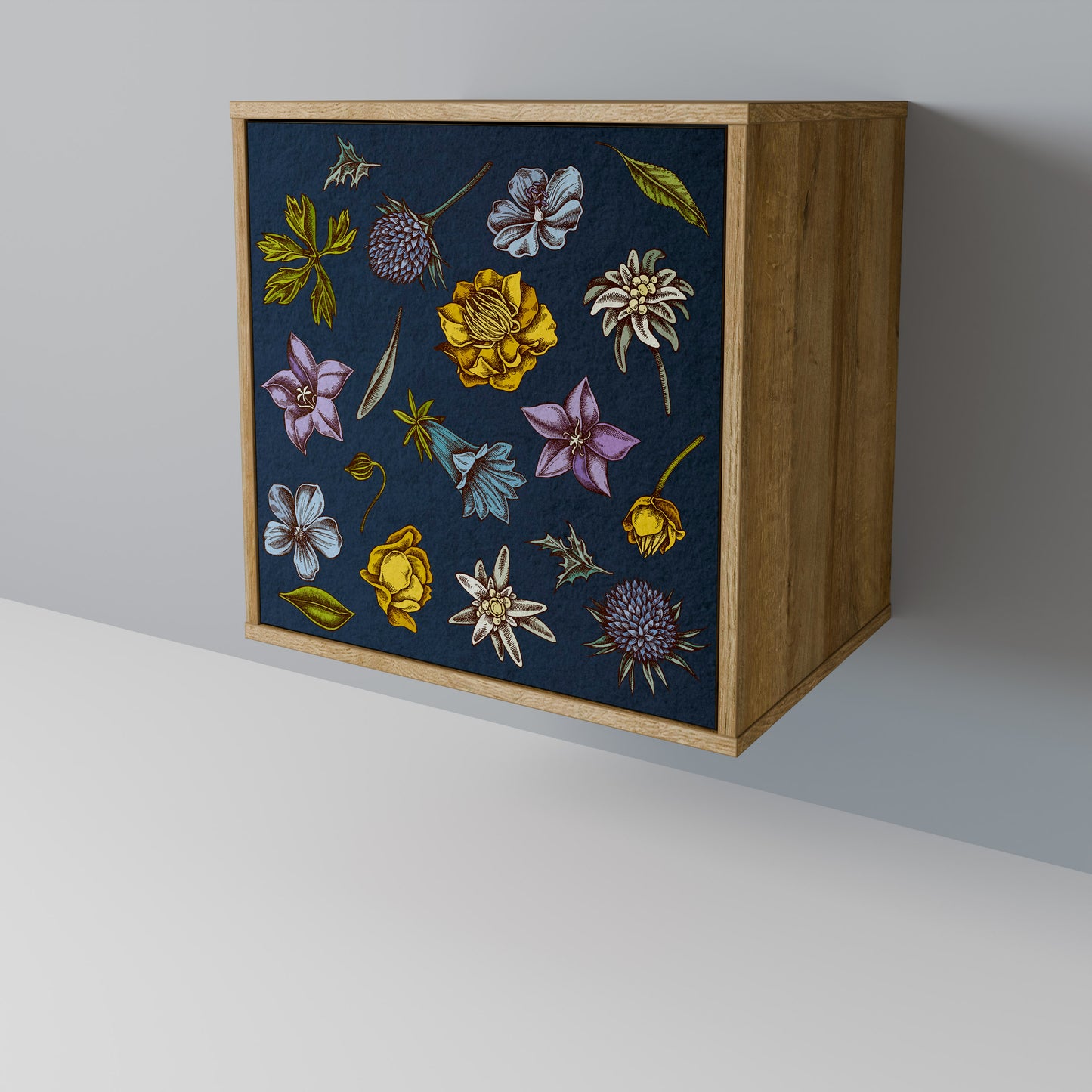 FLOWERS ON NAVY BLUE 1-Door Sideboard in Oak Effect