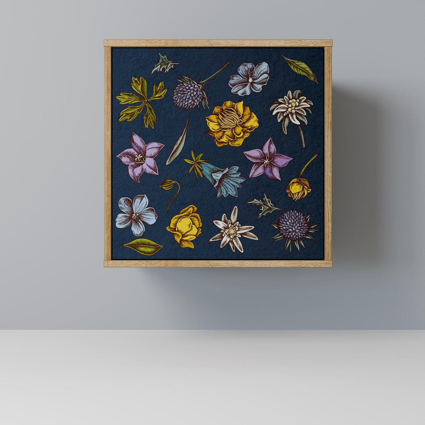 FLOWERS ON NAVY BLUE 1-Door Sideboard in Oak Effect
