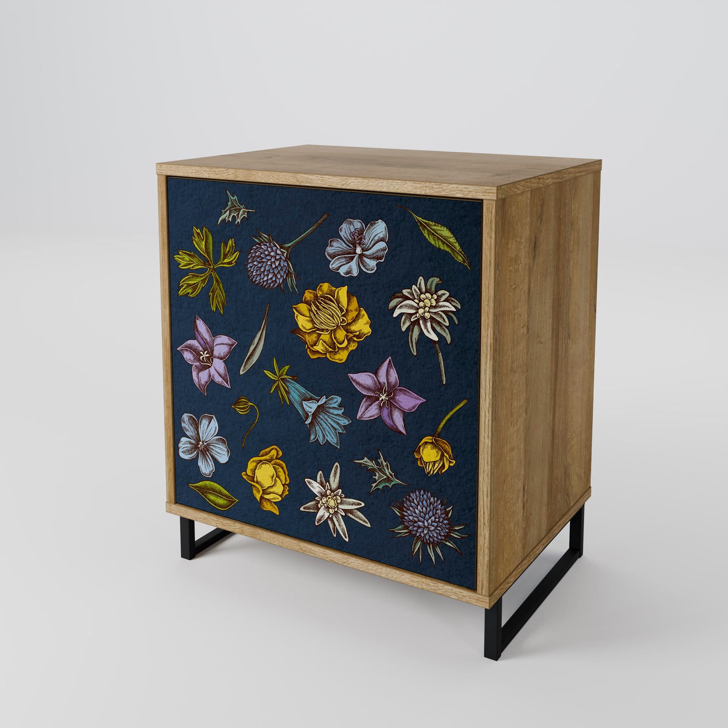 FLOWERS ON NAVY BLUE 1-Door Sideboard in Oak Effect