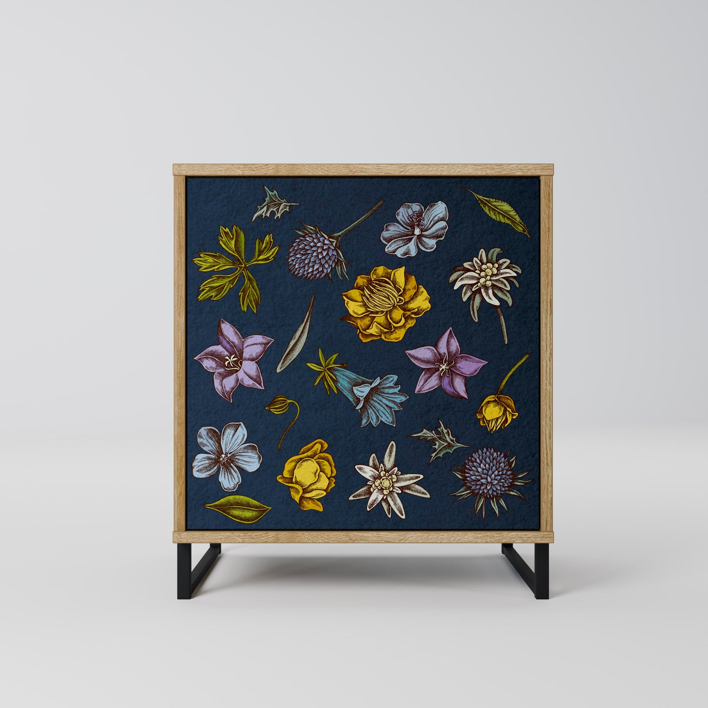 FLOWERS ON NAVY BLUE 1-Door Sideboard in Oak Effect