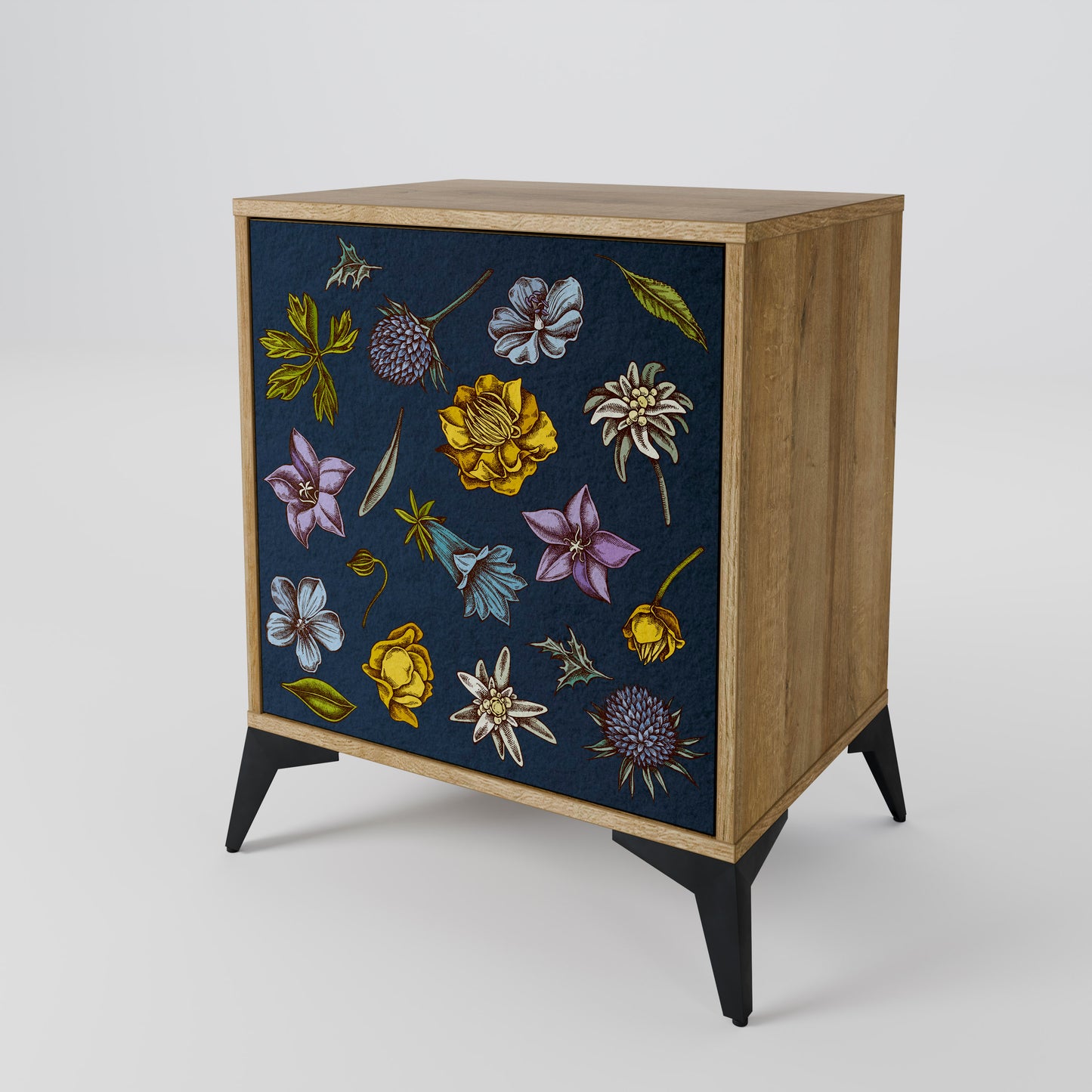FLOWERS ON NAVY BLUE 1-Door Sideboard in Oak Effect
