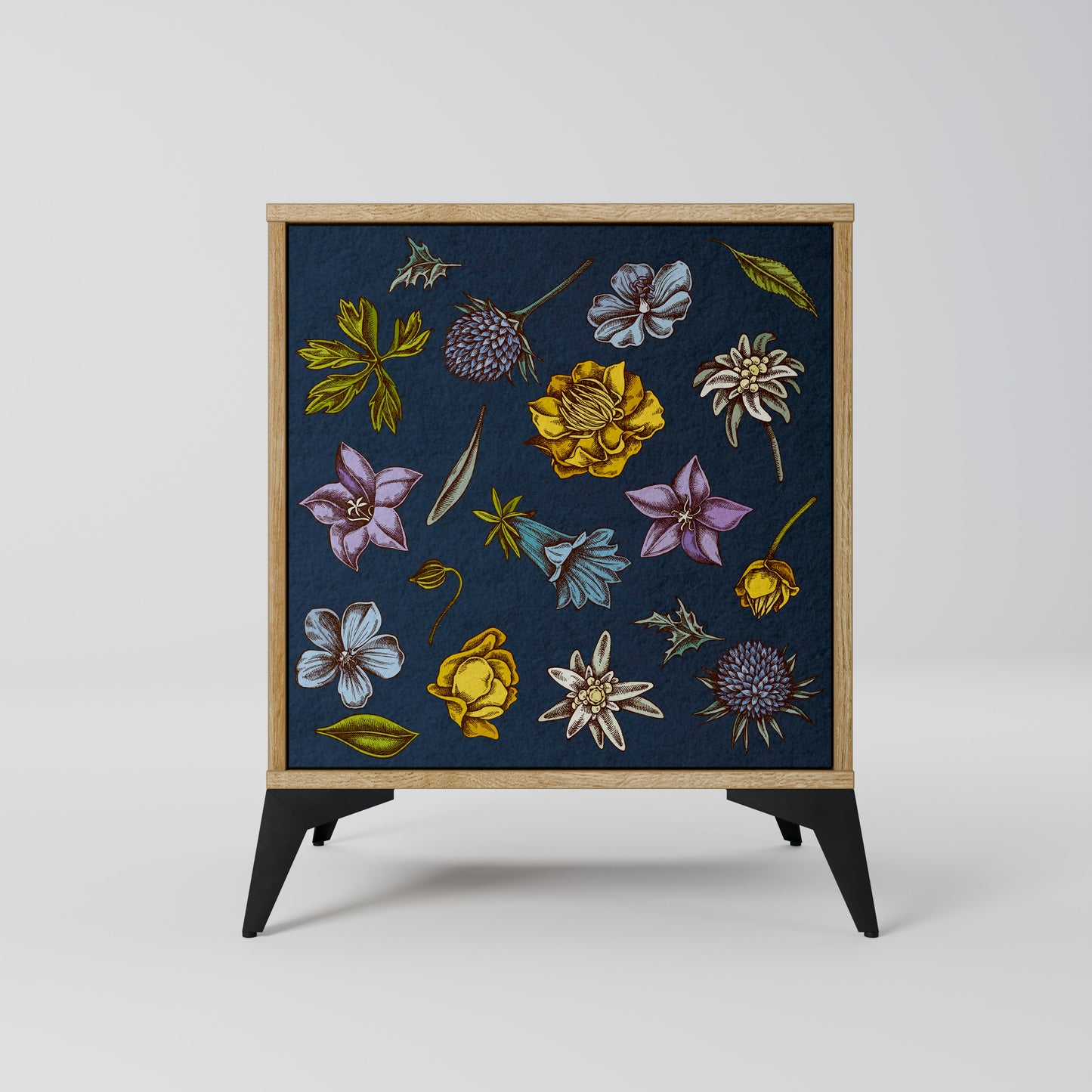 FLOWERS ON NAVY BLUE 1-Door Sideboard in Oak Effect