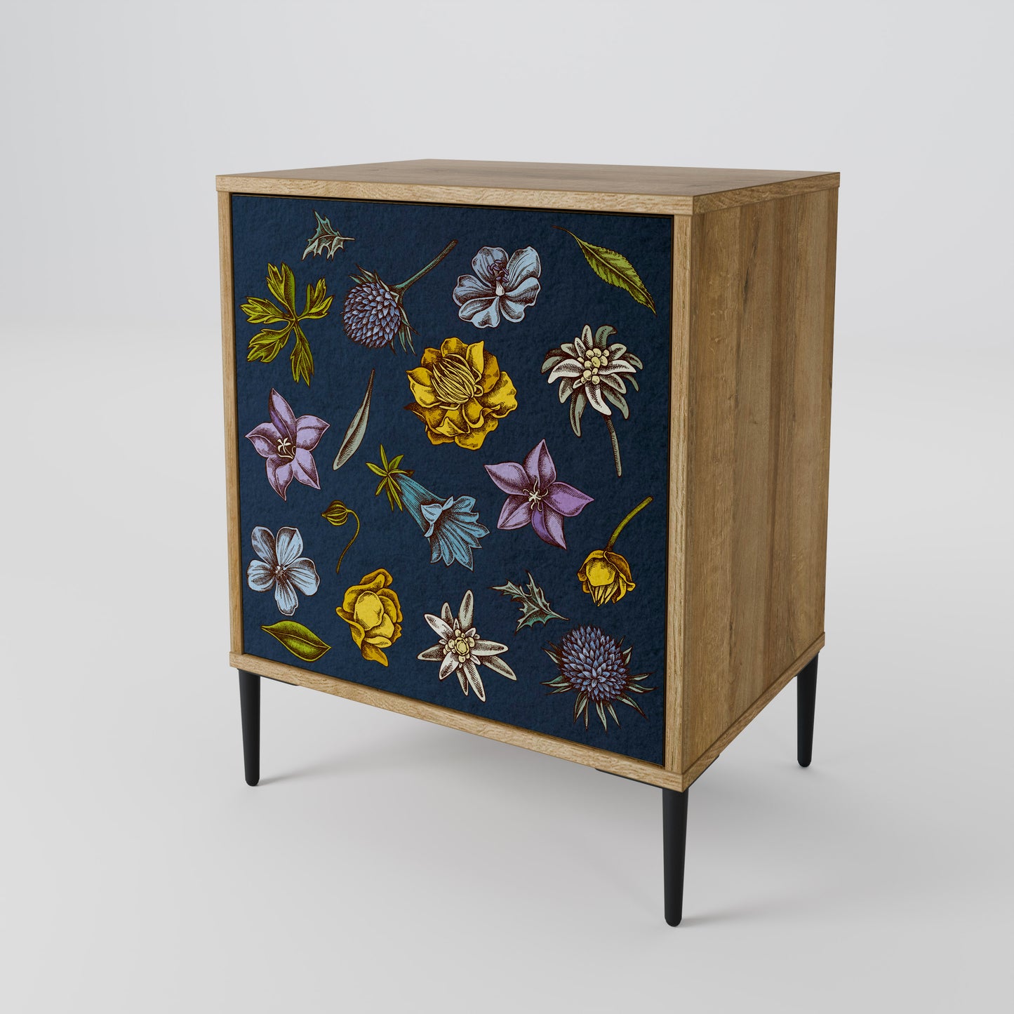 FLOWERS ON NAVY BLUE 1-Door Sideboard in Oak Effect