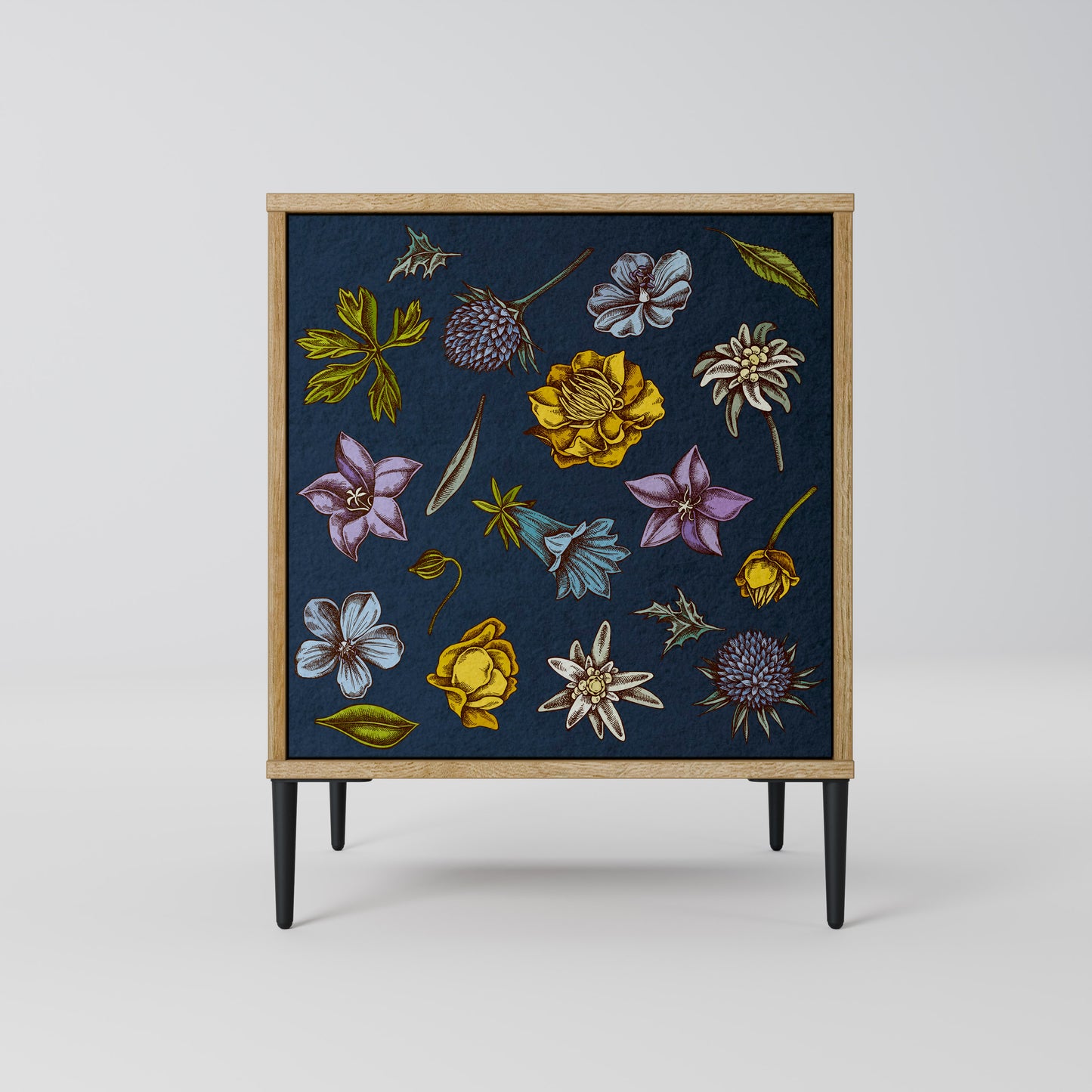 FLOWERS ON NAVY BLUE 1-Door Sideboard in Oak Effect