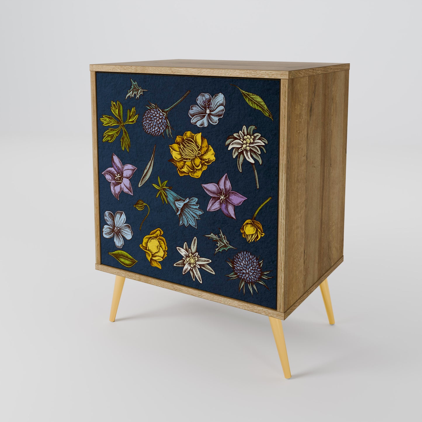 FLOWERS ON NAVY BLUE 1-Door Sideboard in Oak Effect