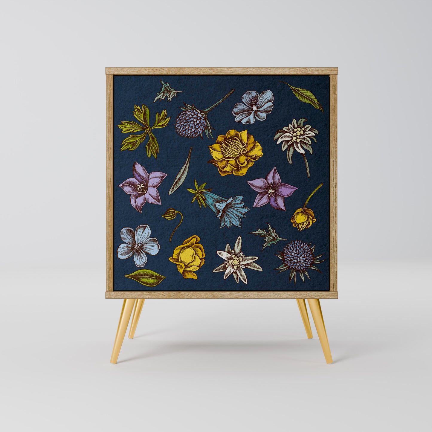 FLOWERS ON NAVY BLUE 1-Door Sideboard in Oak Effect