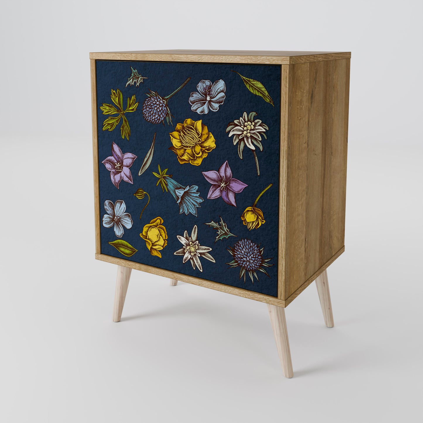 FLOWERS ON NAVY BLUE 1-Door Sideboard in Oak Effect