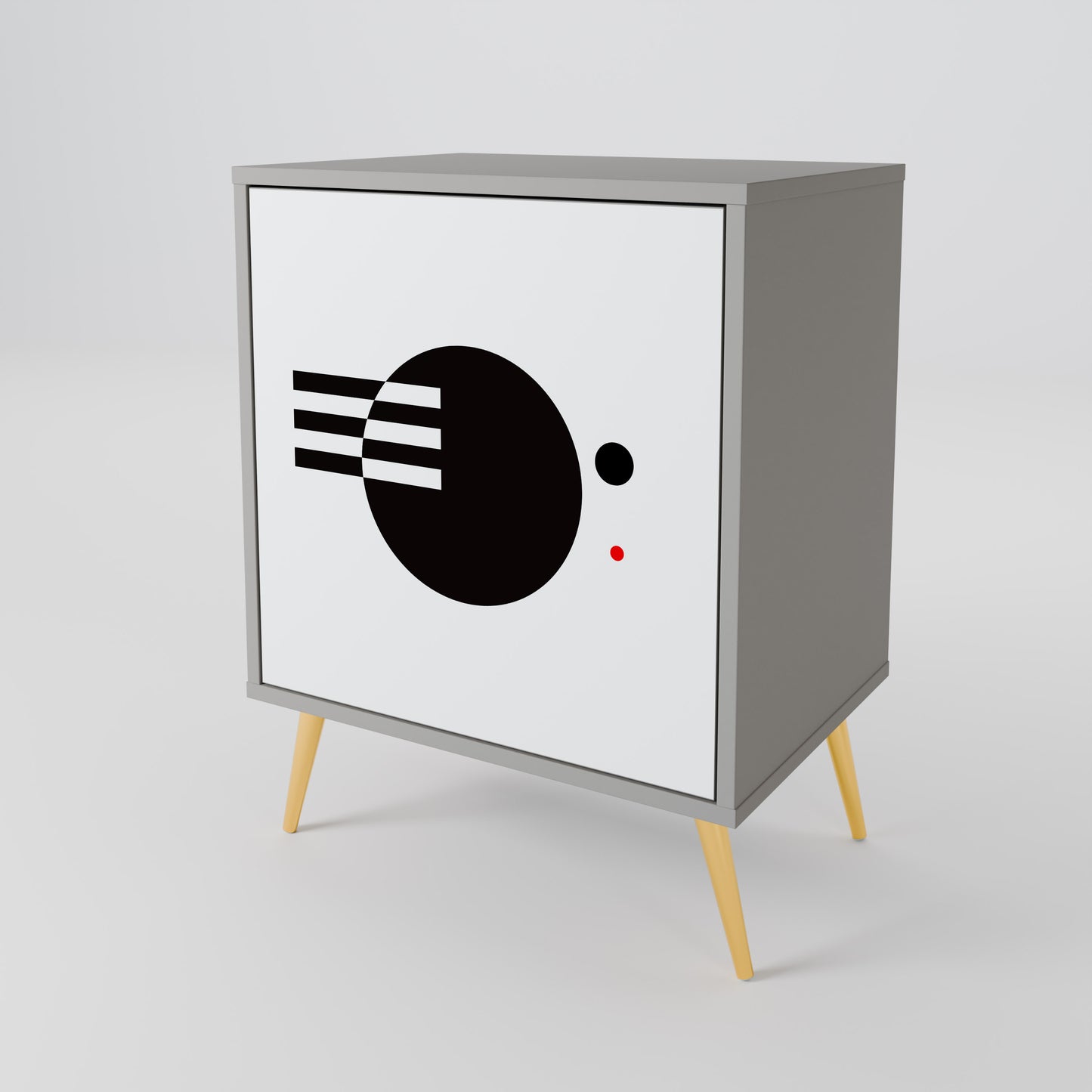 Credenza a 1 anta con combinazione bianco e nero, finitura grigia