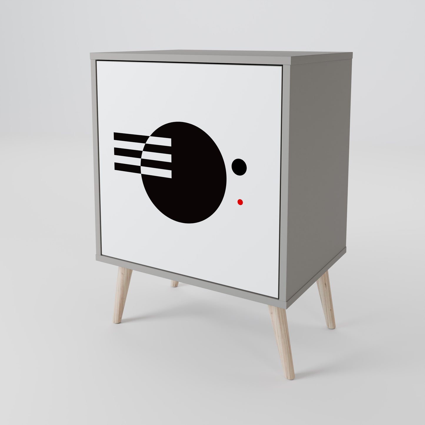 Credenza a 1 anta con combinazione bianco e nero, finitura grigia