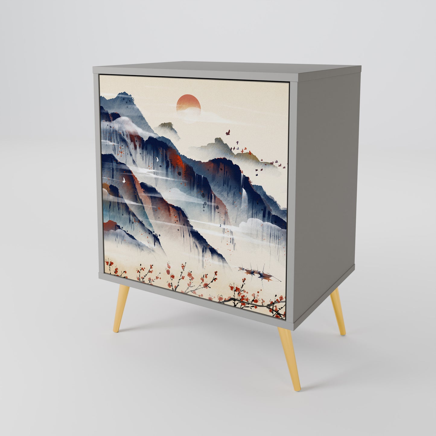 Credenza JAPANESE LANDSCAPE a 1 anta con finitura grigia