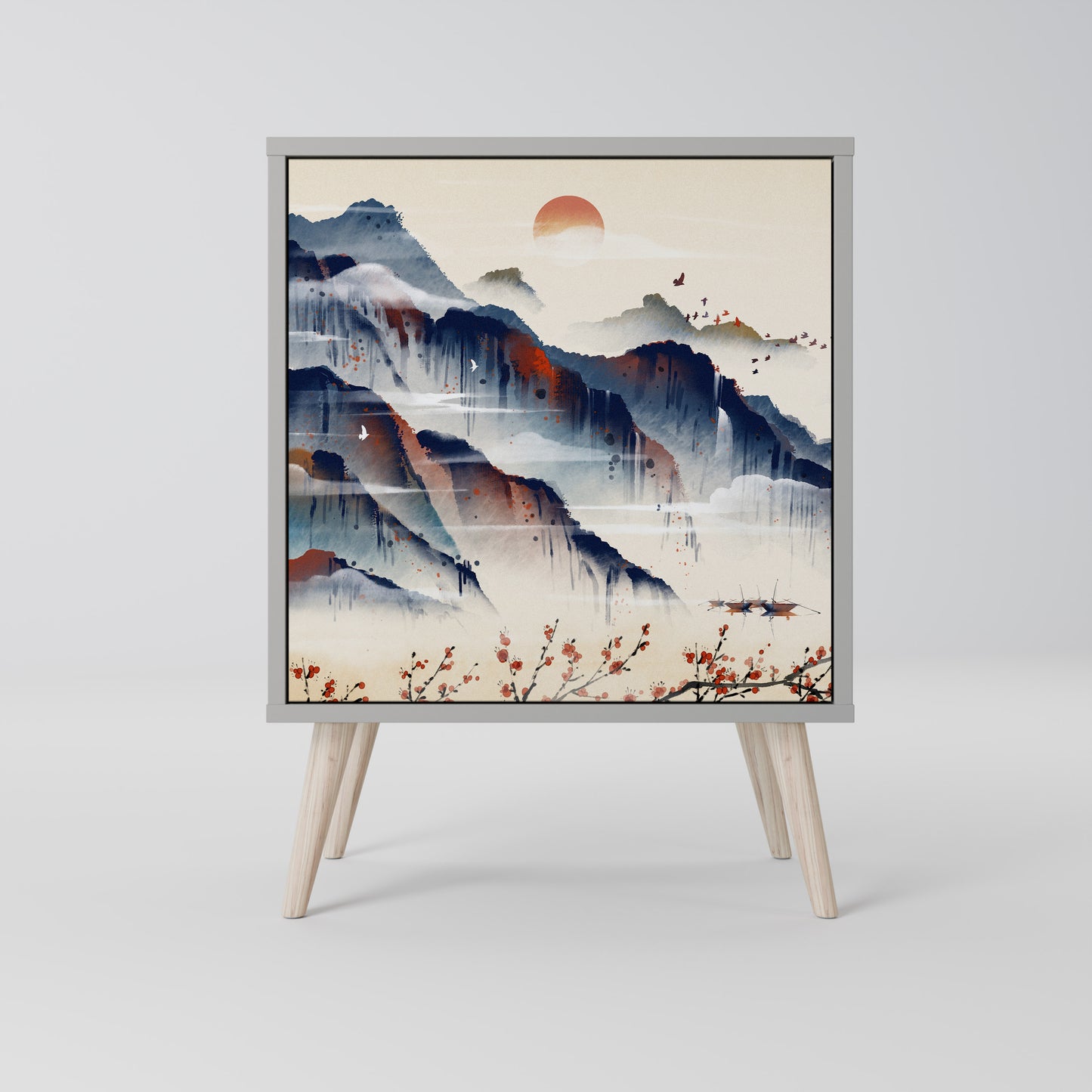Credenza JAPANESE LANDSCAPE a 1 anta con finitura grigia