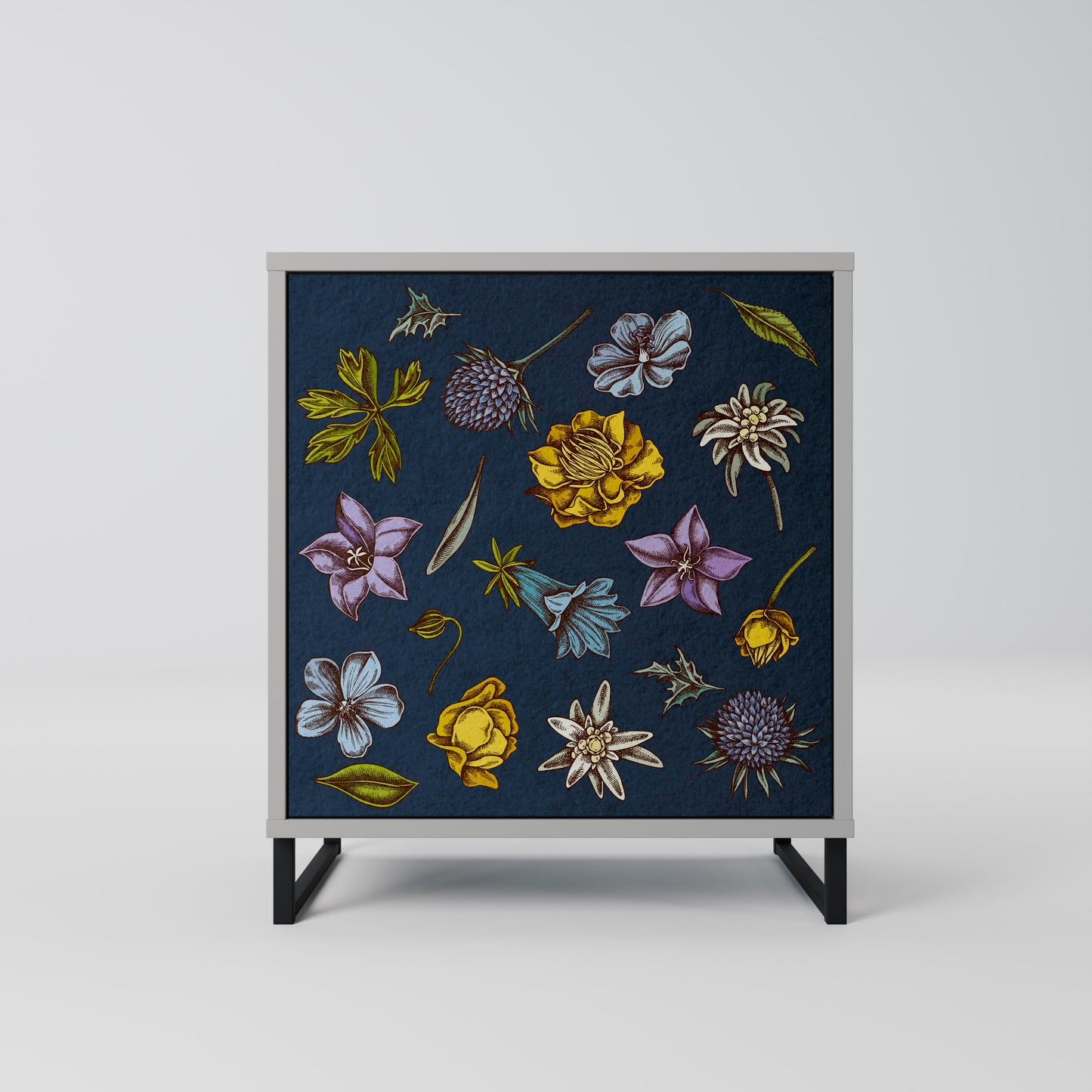 FLOWERS ON NAVY BLUE 1-Door Sideboard in Grey Finish