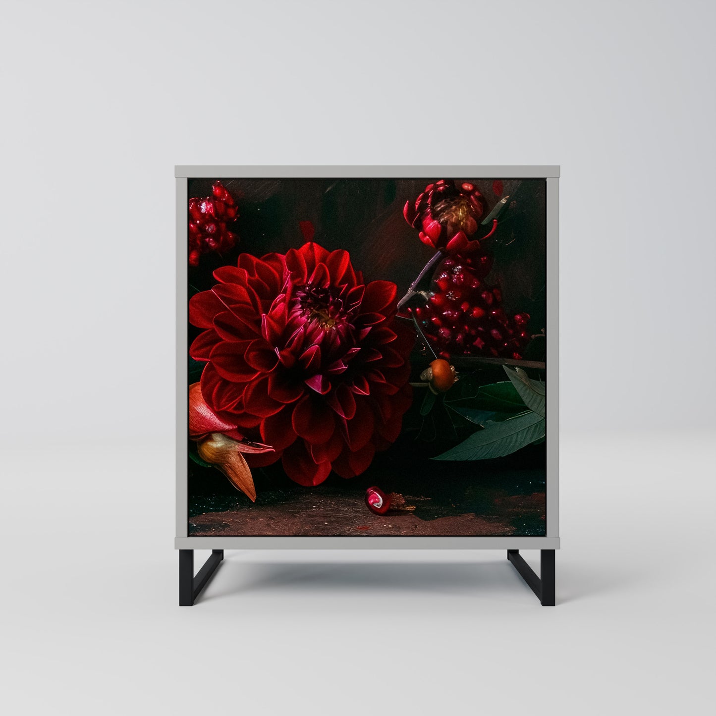 DAHLIAS AND POMEGRANATES 1-Door Sideboard in Grey Finish