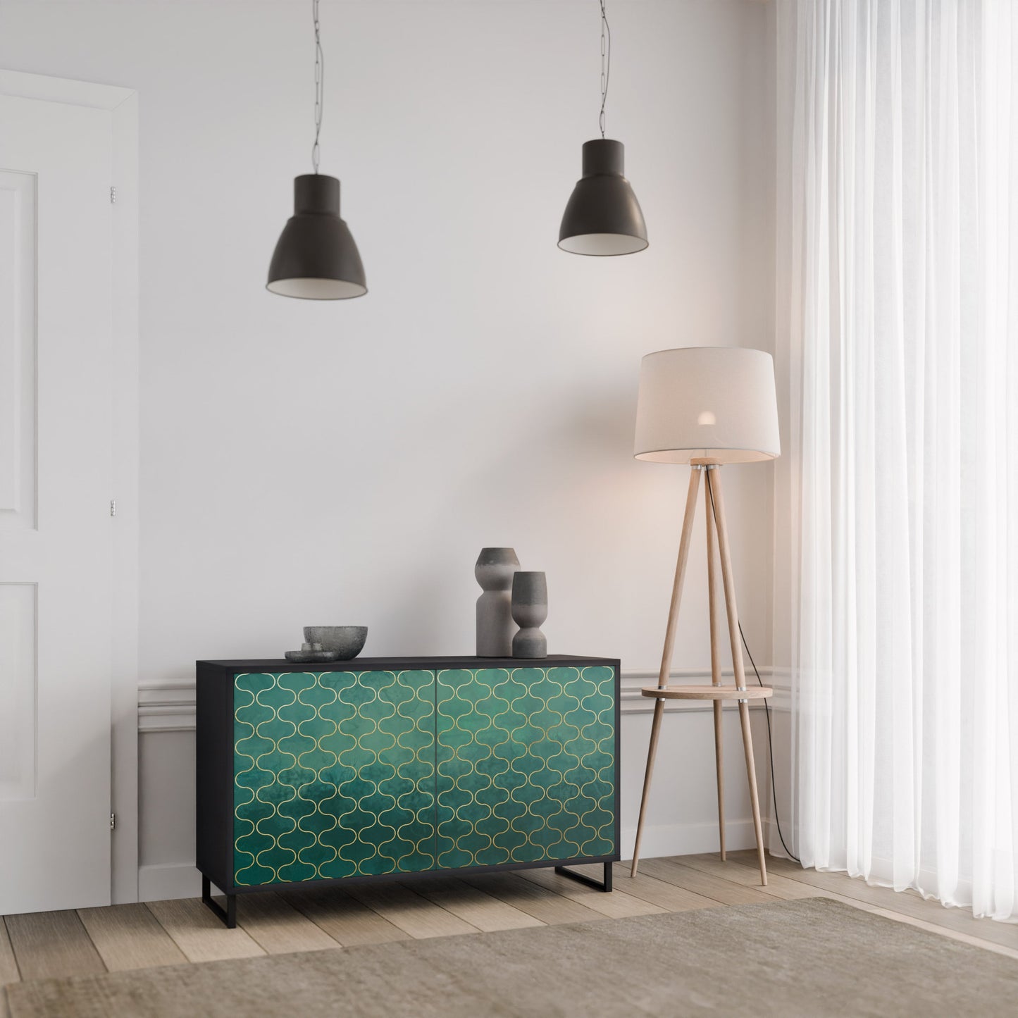 TESSELATED GREENERY 2-Door Sideboard in Black Finish