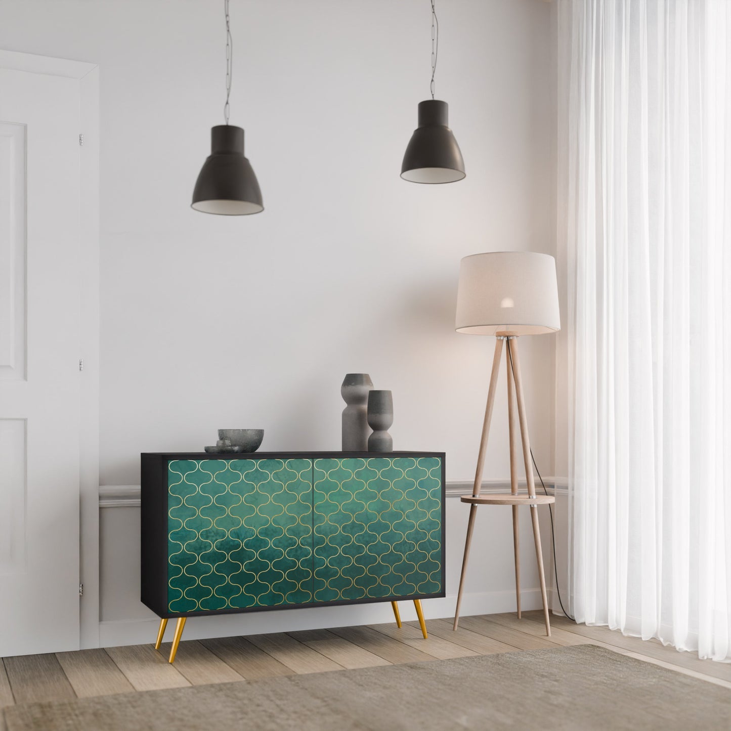 TESSELATED GREENERY 2-Door Sideboard in Black Finish