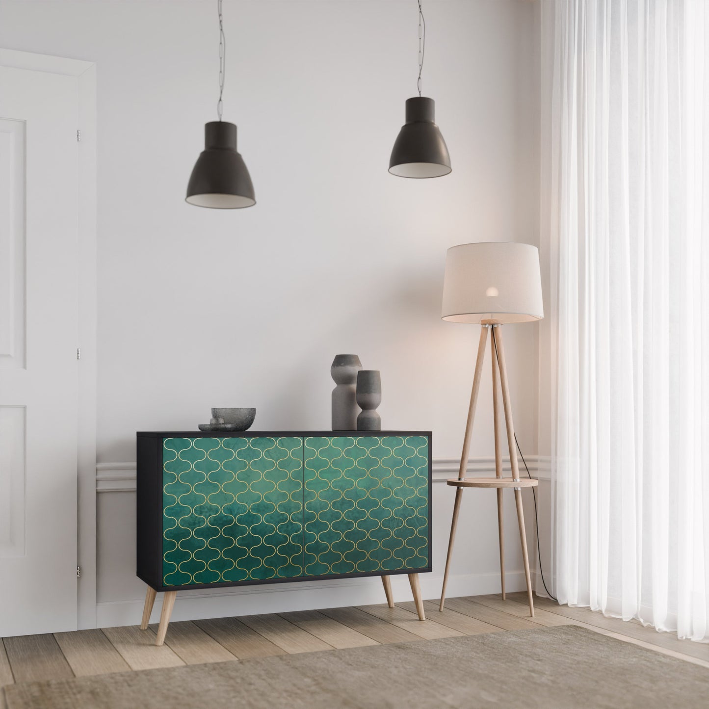 TESSELATED GREENERY 2-Door Sideboard in Black Finish