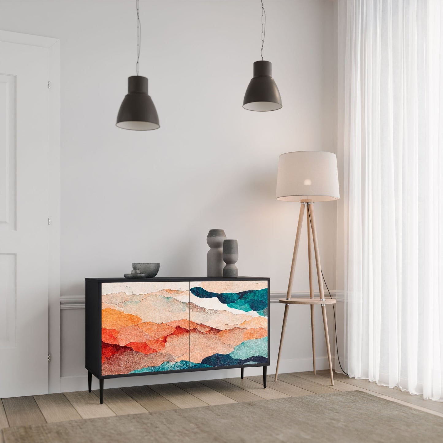 Credenza a 2 ante ABSTRACT LANDSCAPE in finitura nera