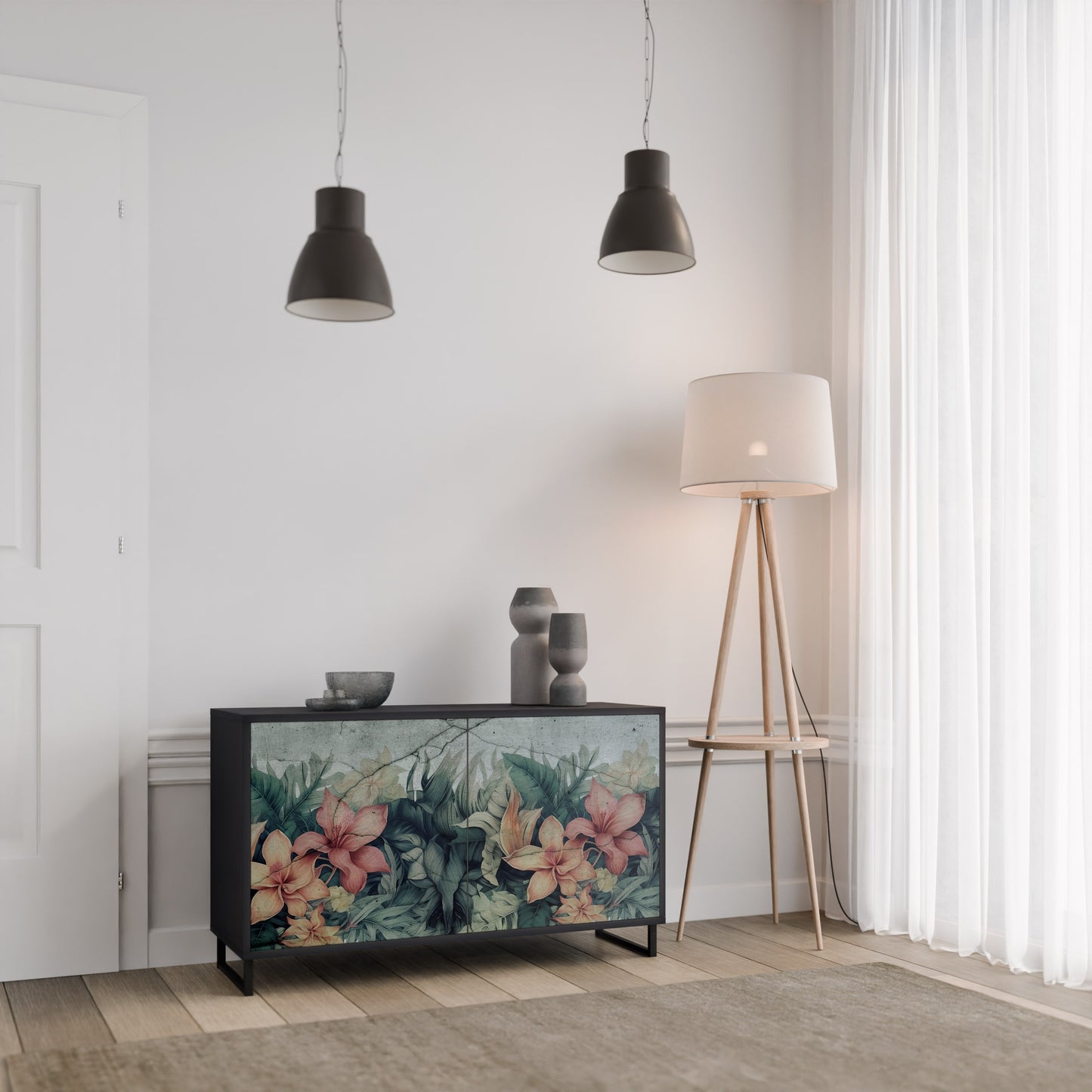 Credenza a 2 ante HEAVENLY BLOOM con finitura nera