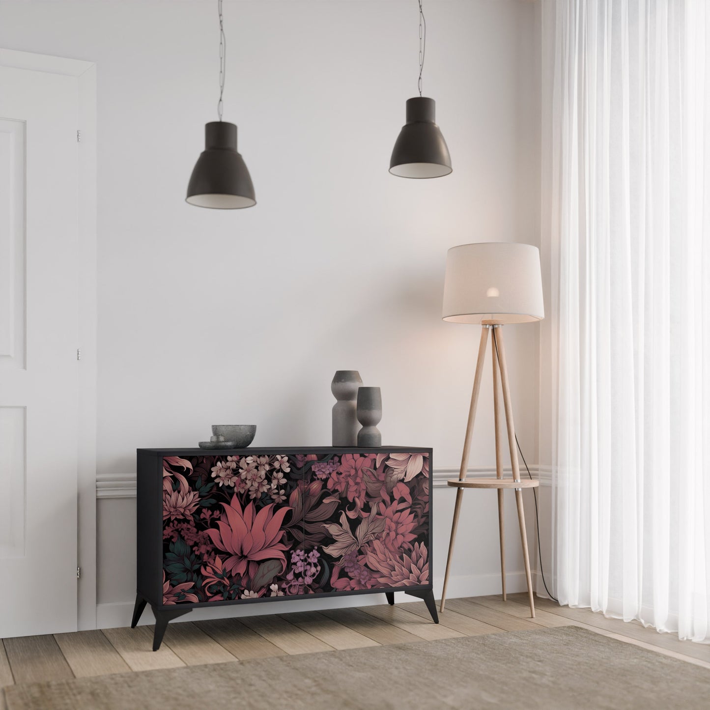 Credenza a 2 ante FLORAL WHISPER in finitura nera