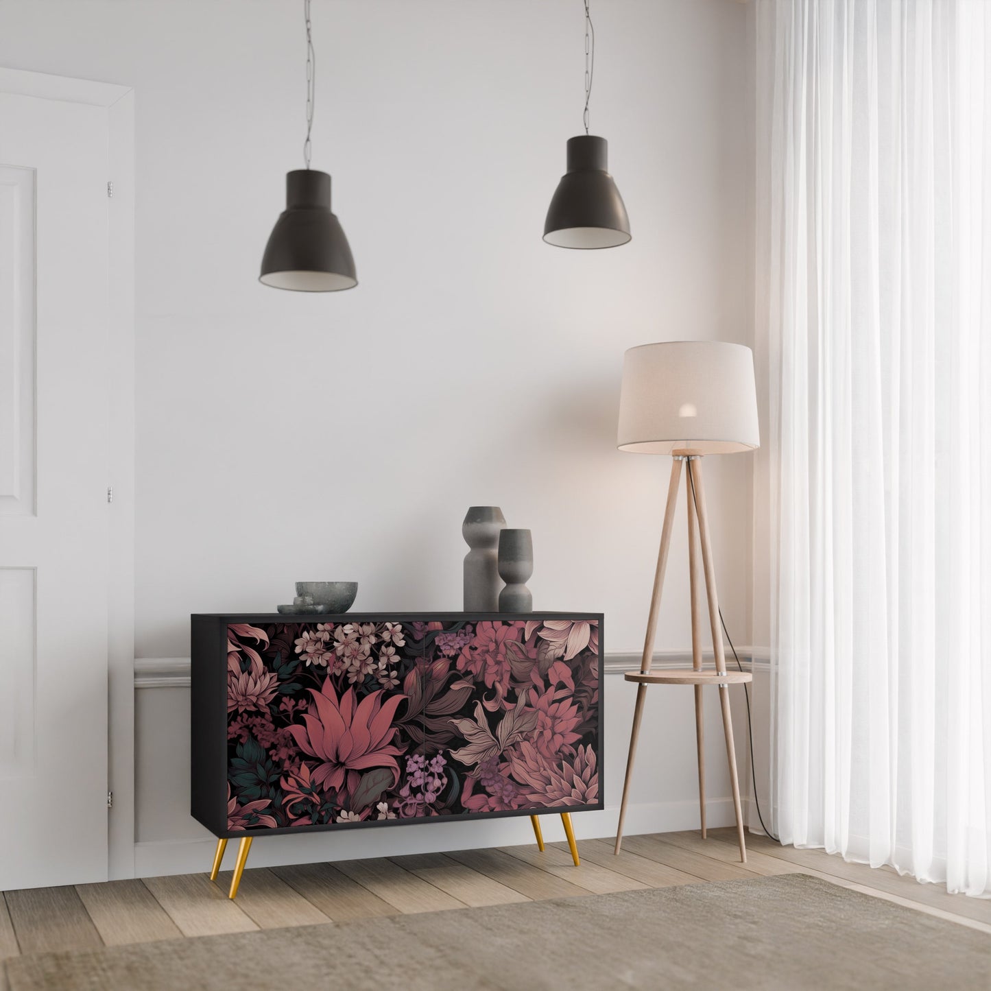 Credenza a 2 ante FLORAL WHISPER in finitura nera