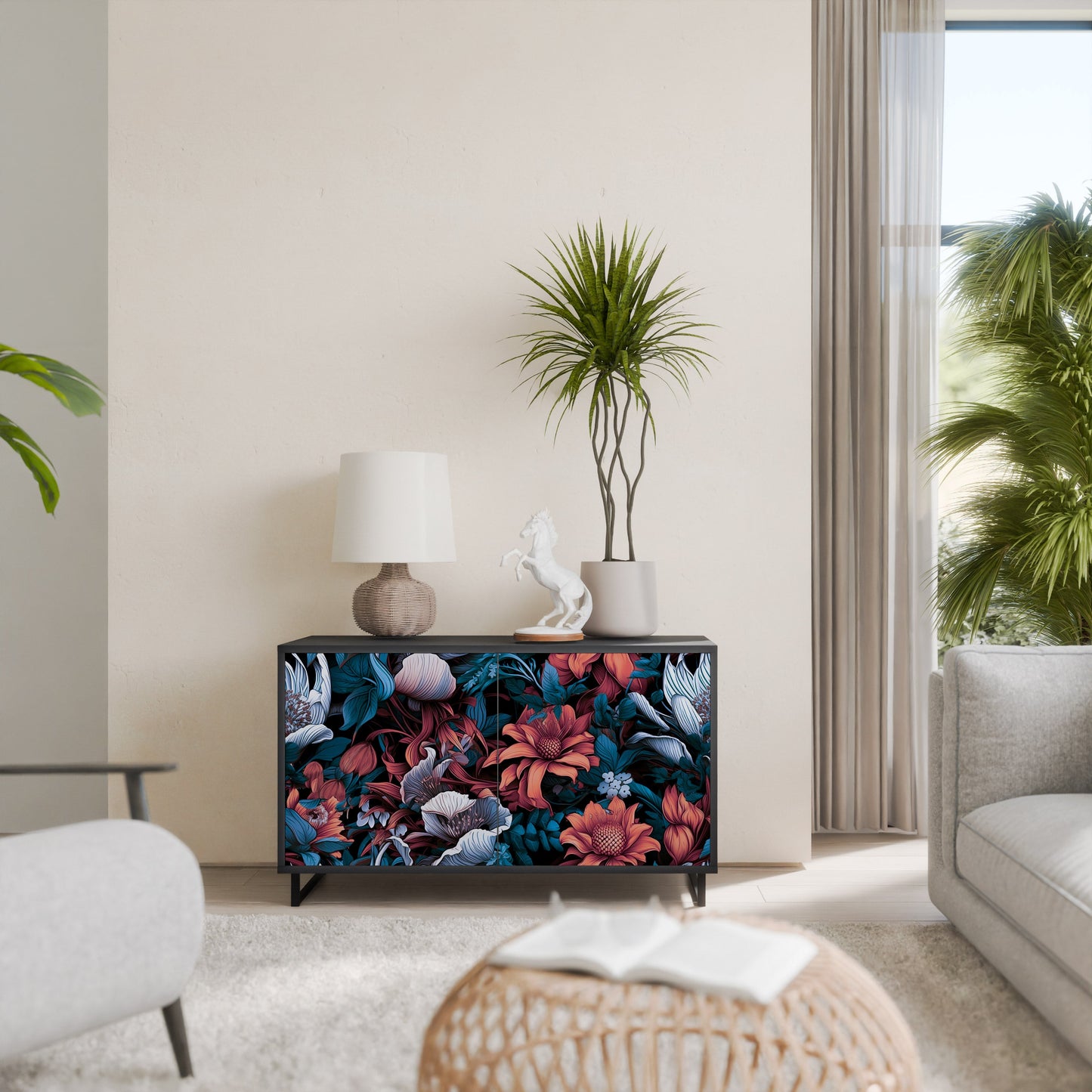Credenza ETHEREAL BLOSSOMS a 2 ante in finitura nera