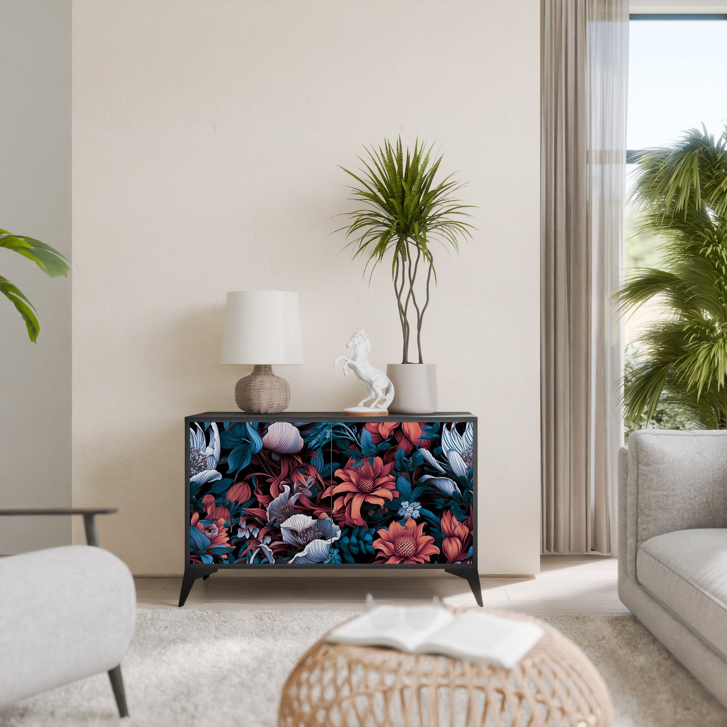 Credenza ETHEREAL BLOSSOMS a 2 ante in finitura nera