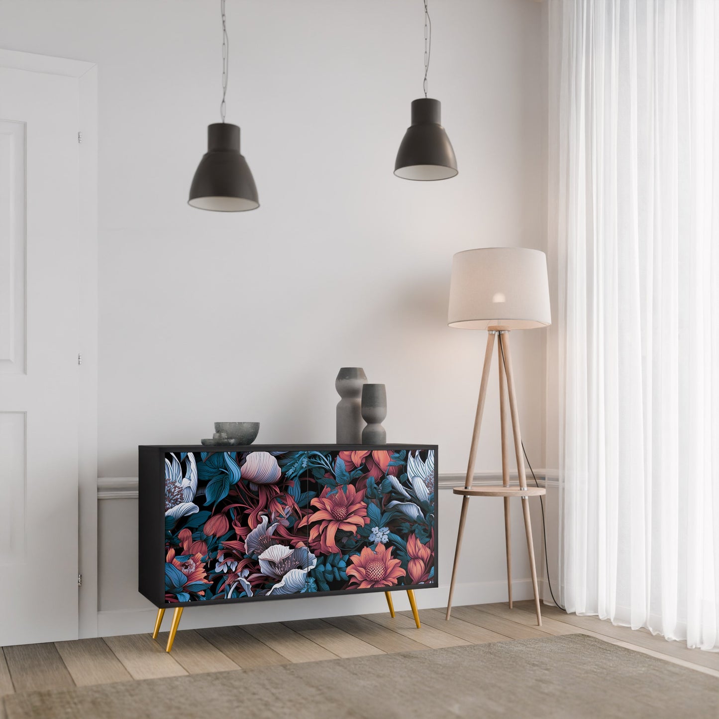 Credenza ETHEREAL BLOSSOMS a 2 ante in finitura nera