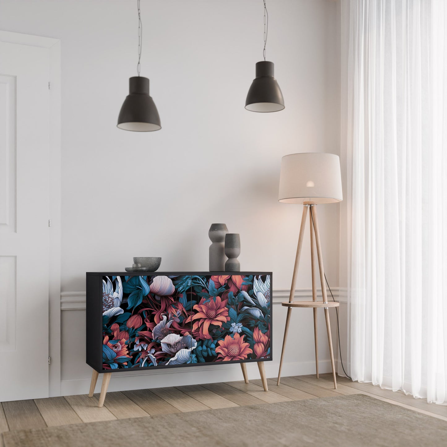 Credenza ETHEREAL BLOSSOMS a 2 ante in finitura nera