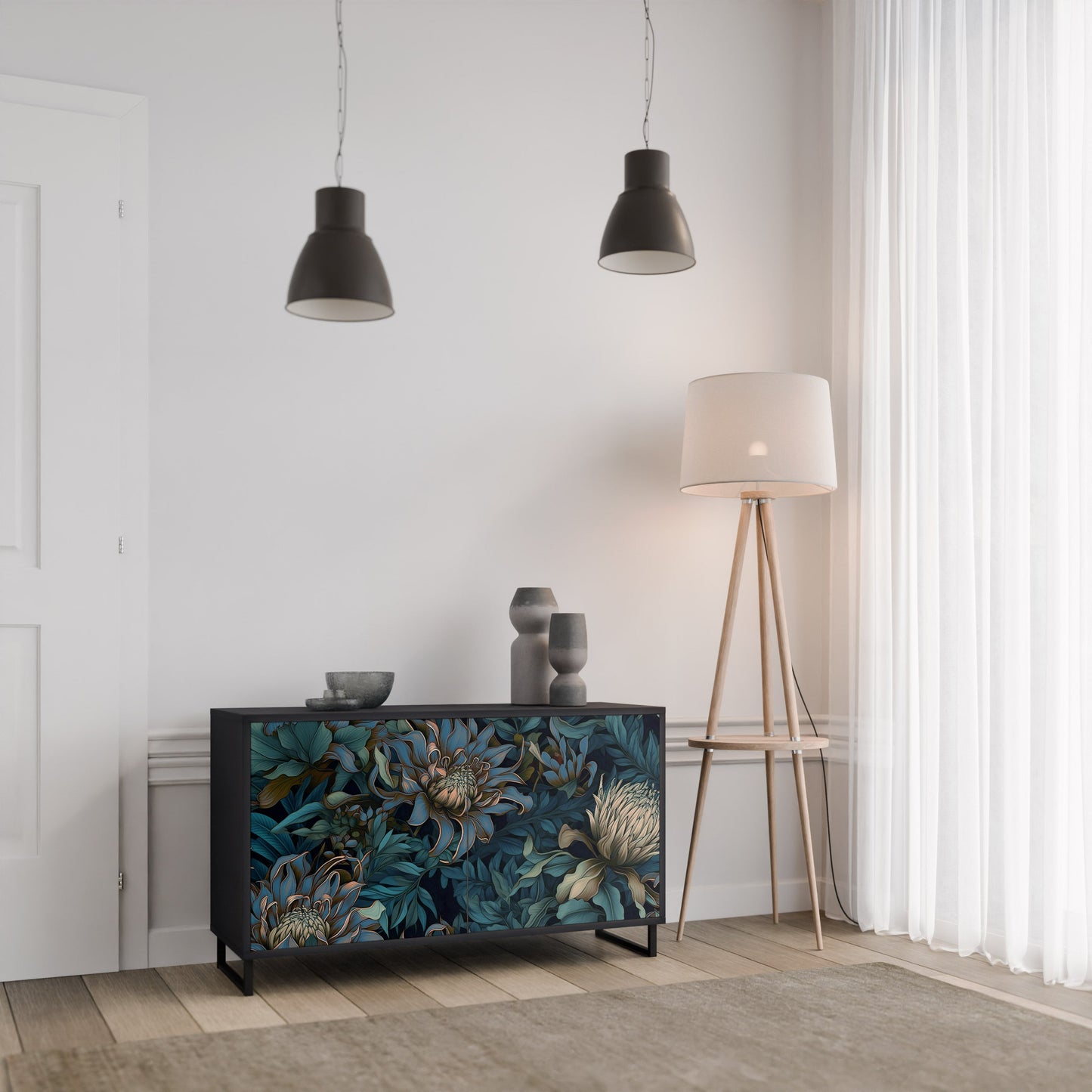 TWILIGHT BLOOM 2-Door Sideboard in Black Finish