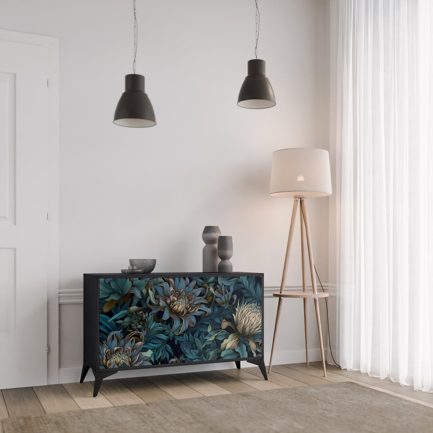 TWILIGHT BLOOM 2-Door Sideboard in Black Finish