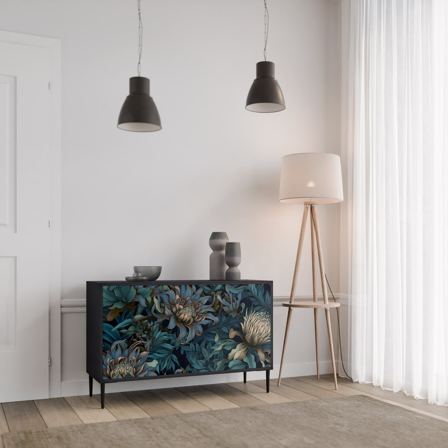 TWILIGHT BLOOM 2-Door Sideboard in Black Finish