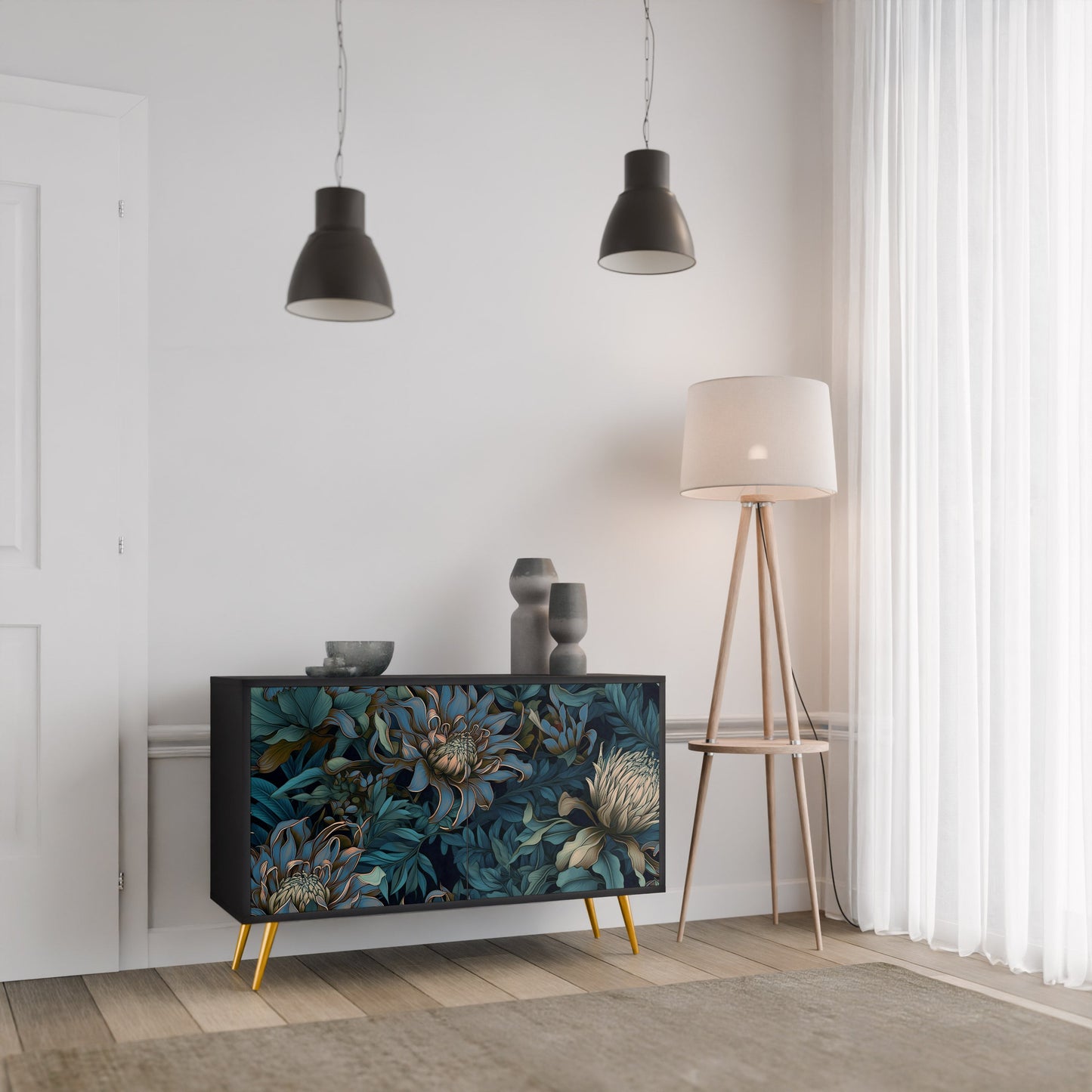 TWILIGHT BLOOM 2-Door Sideboard in Black Finish
