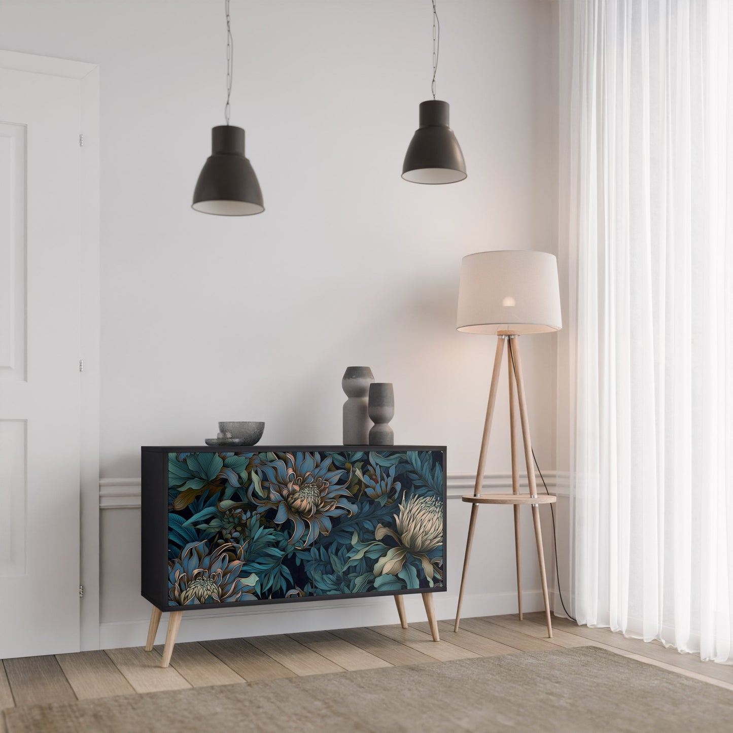 TWILIGHT BLOOM 2-Door Sideboard in Black Finish