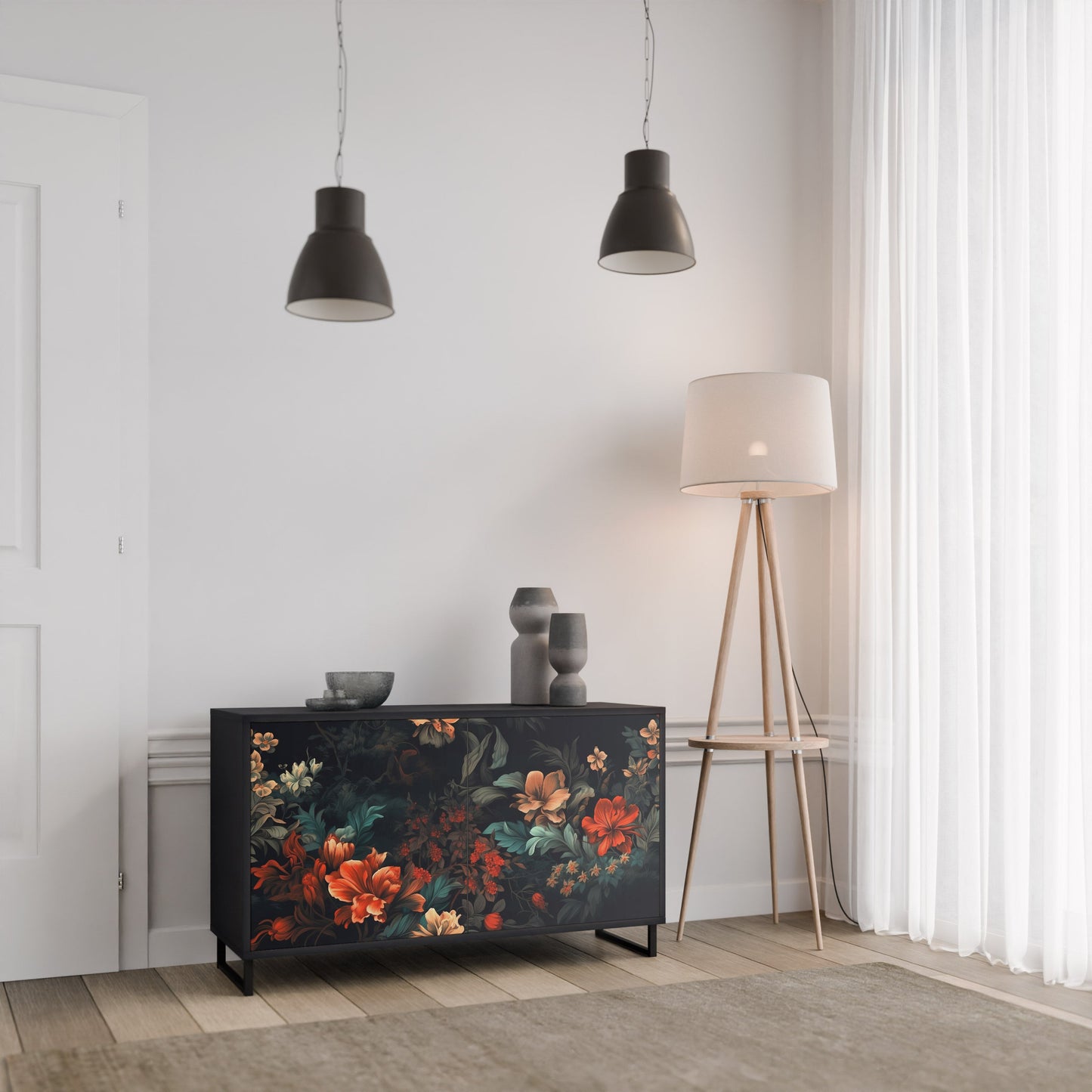 Credenza a 2 ante IMAGINARY BLOSSOM in finitura nera