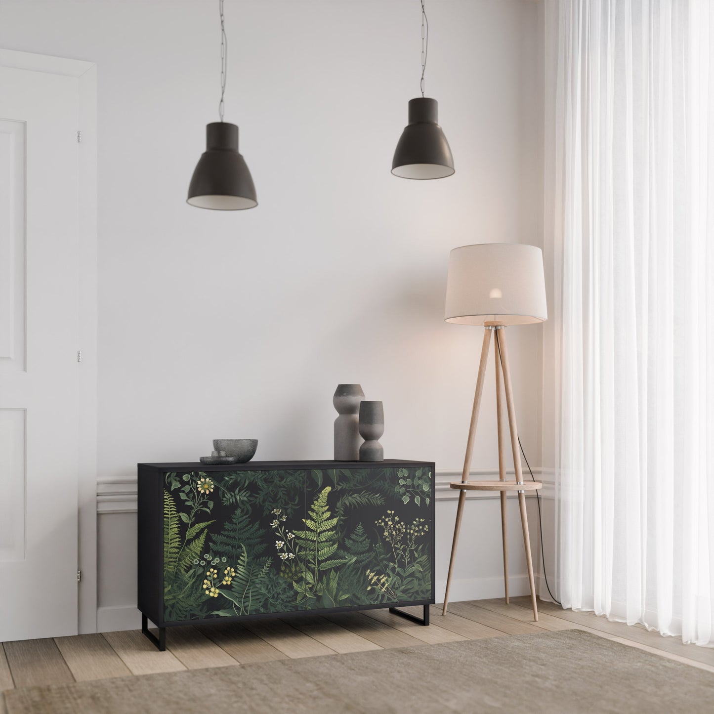 Credenza a 2 ante FERN FLOWERS in finitura nera