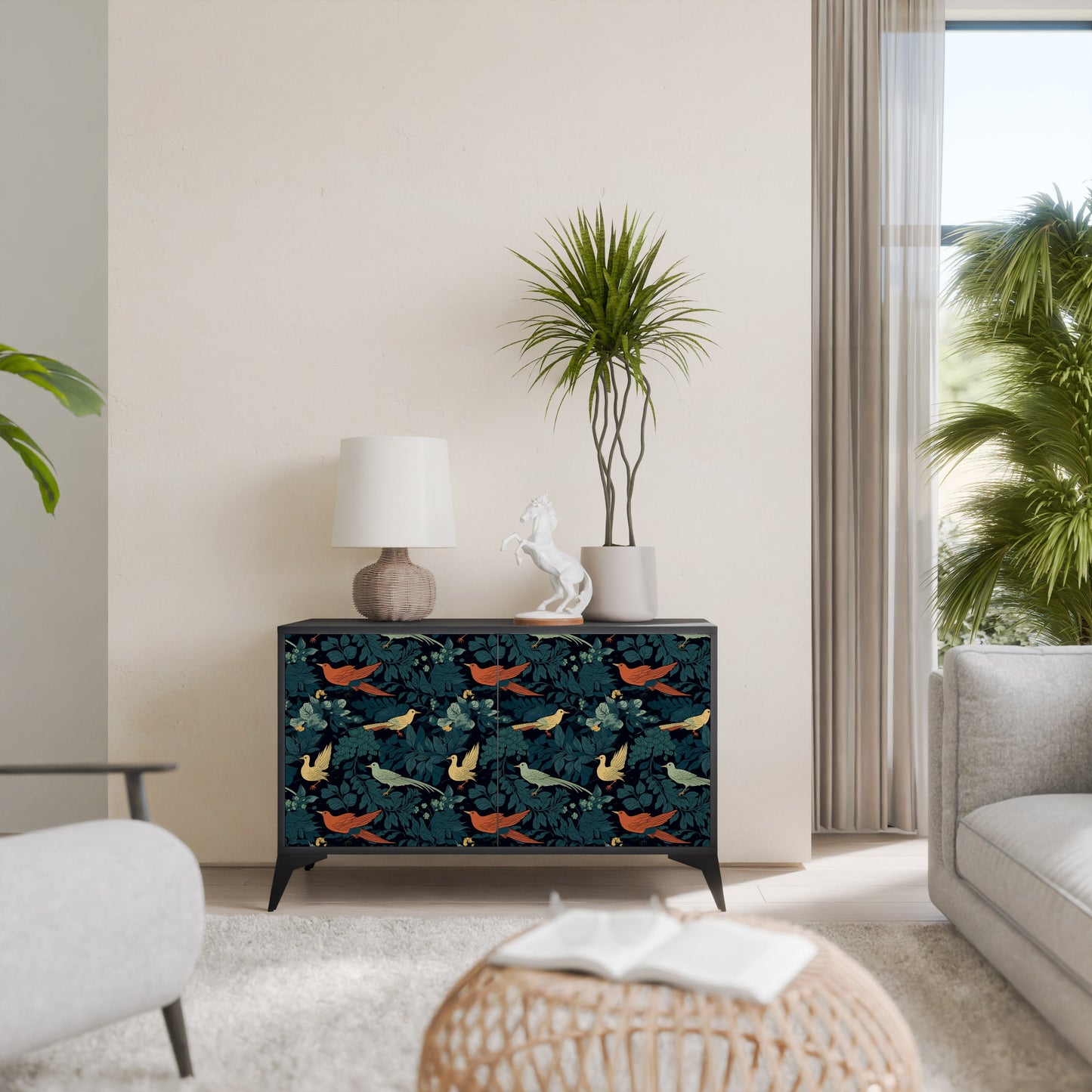 Credenza a 2 ante FOWL ORNAMENT in finitura nera