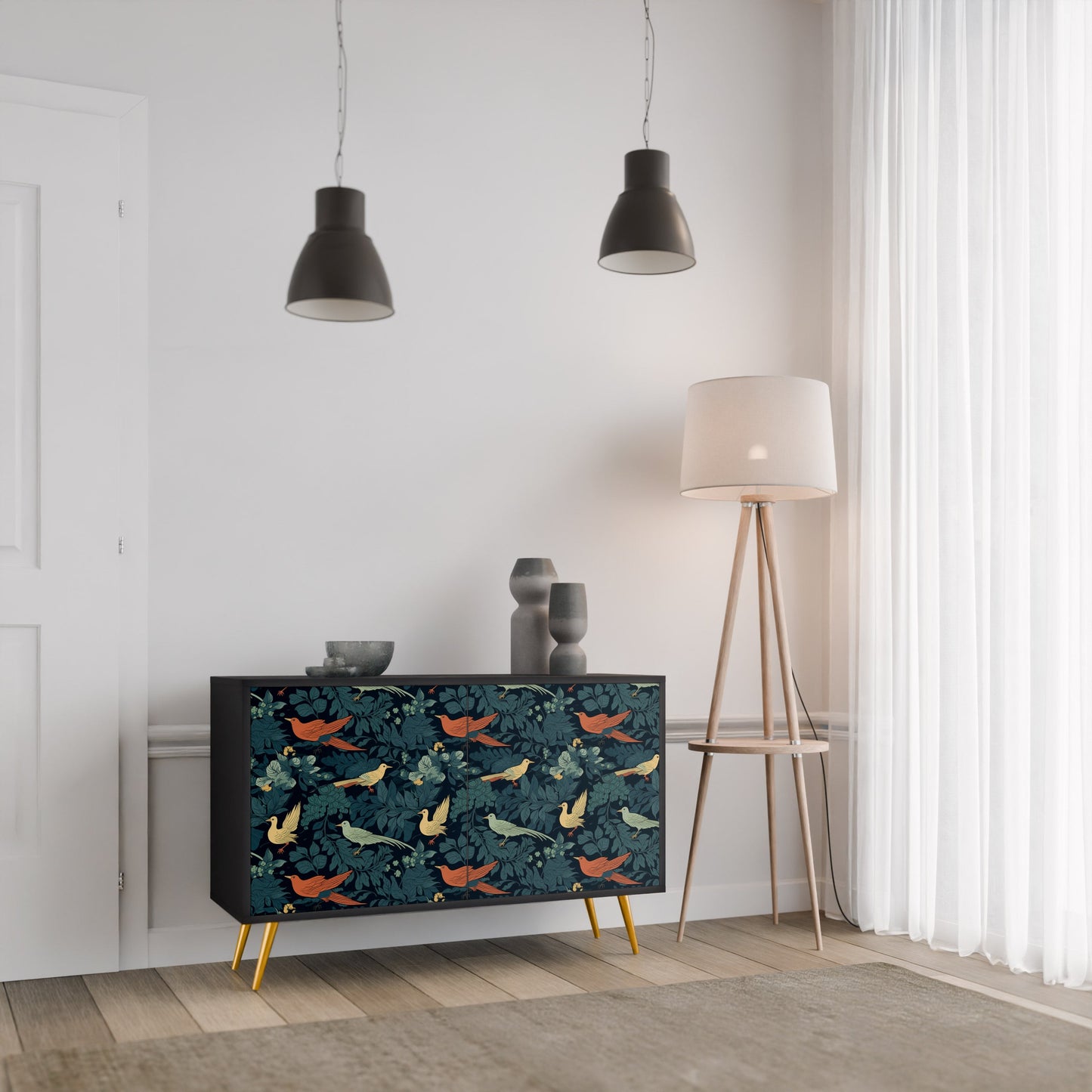 Credenza a 2 ante FOWL ORNAMENT in finitura nera