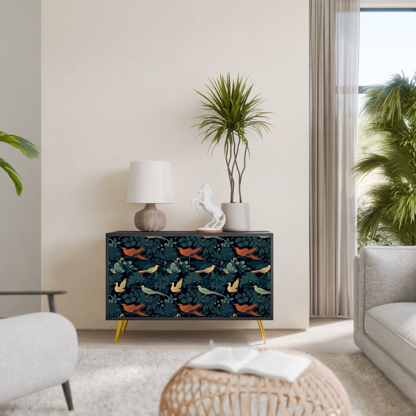 Credenza a 2 ante FOWL ORNAMENT in finitura nera