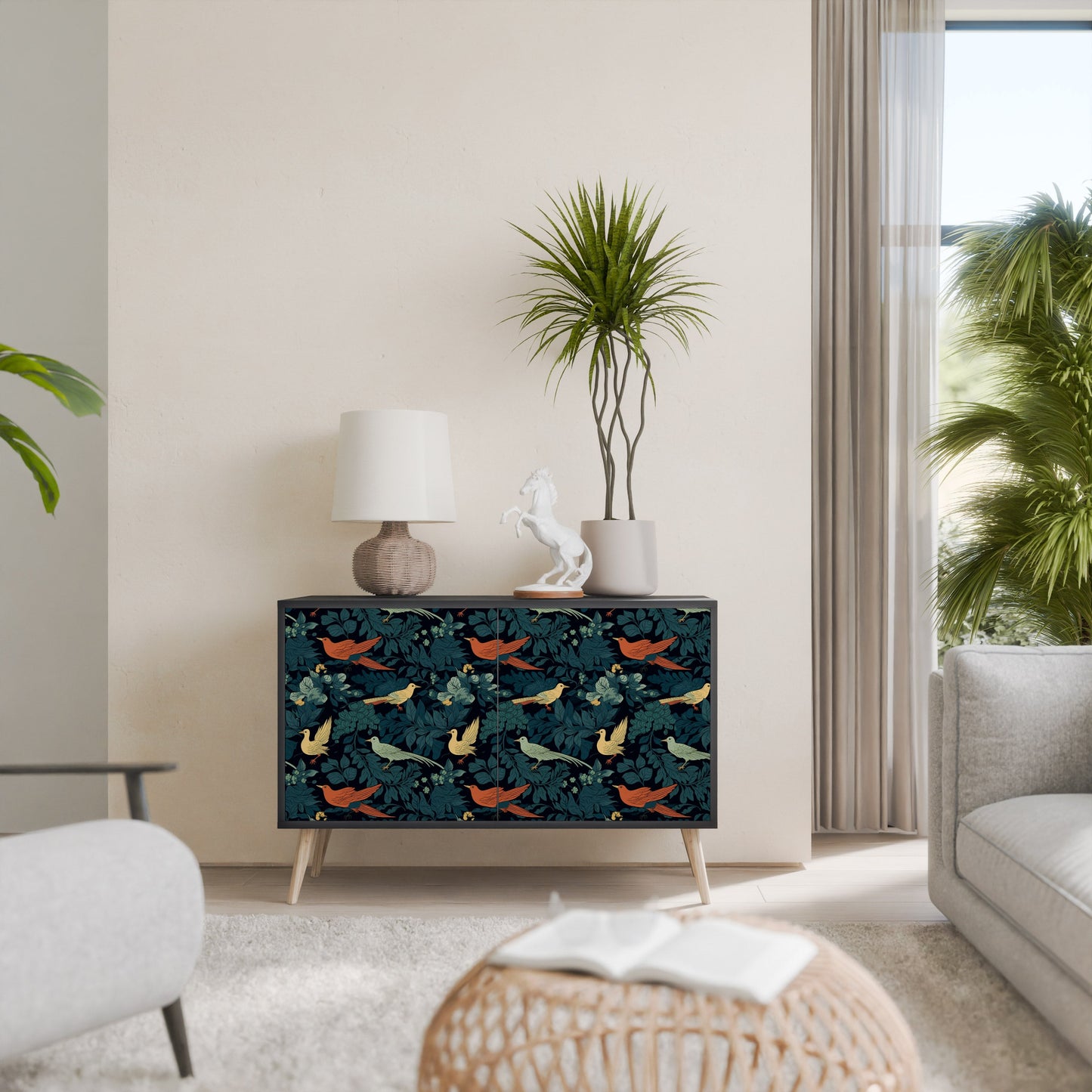 Credenza a 2 ante FOWL ORNAMENT in finitura nera