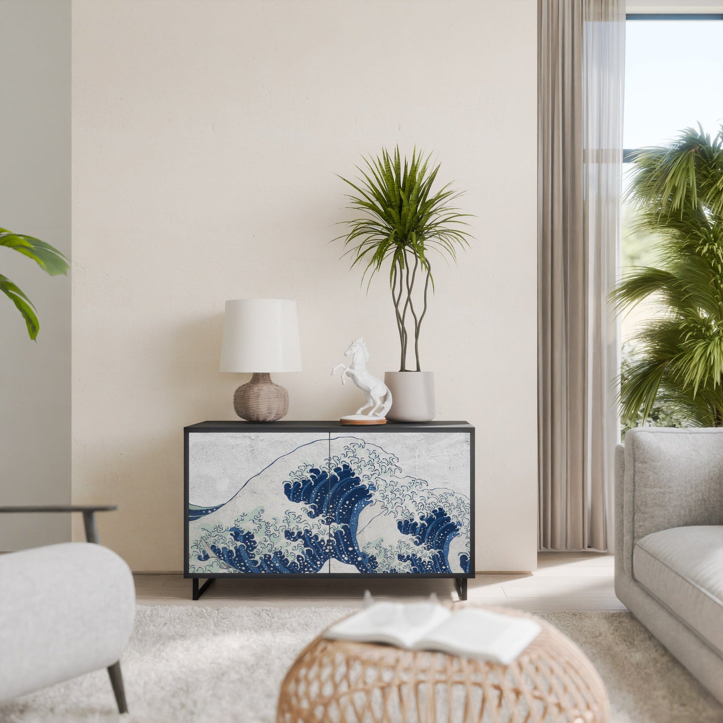 Credenza a 2 ante THE GREAT WAVE AT KANAGAWA in finitura nera