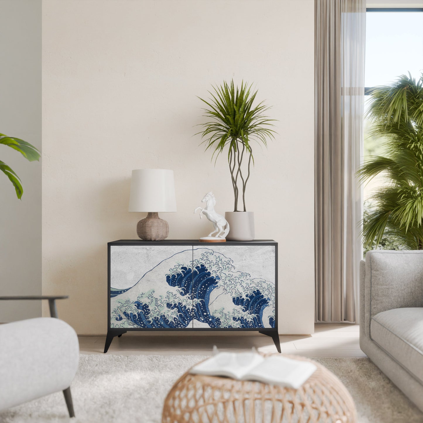 Credenza a 2 ante THE GREAT WAVE AT KANAGAWA in finitura nera