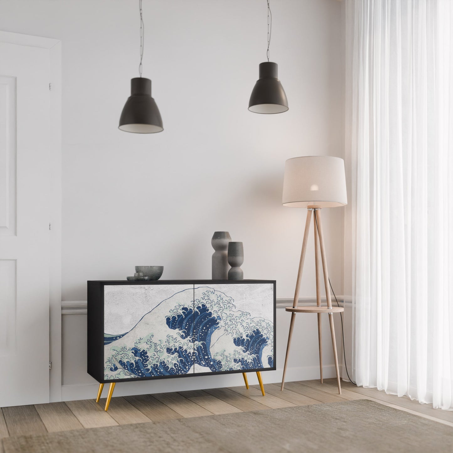 Credenza a 2 ante THE GREAT WAVE AT KANAGAWA in finitura nera