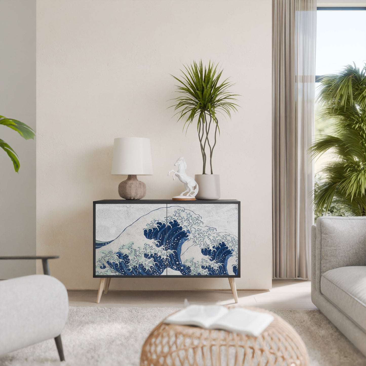 Credenza a 2 ante THE GREAT WAVE AT KANAGAWA in finitura nera