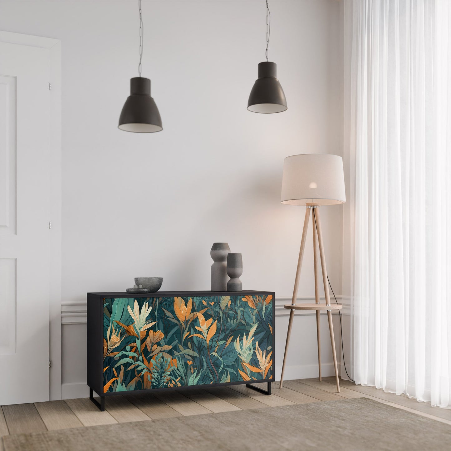 Credenza a 2 ante FLORAL SERENITY in finitura nera
