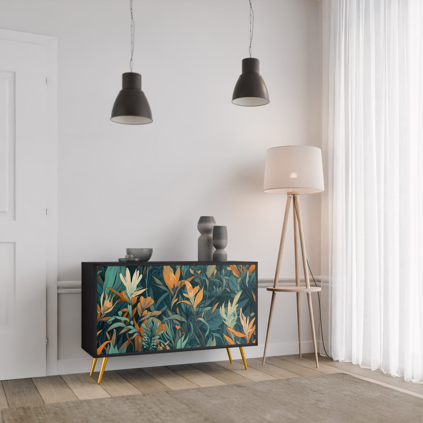 Credenza a 2 ante FLORAL SERENITY in finitura nera