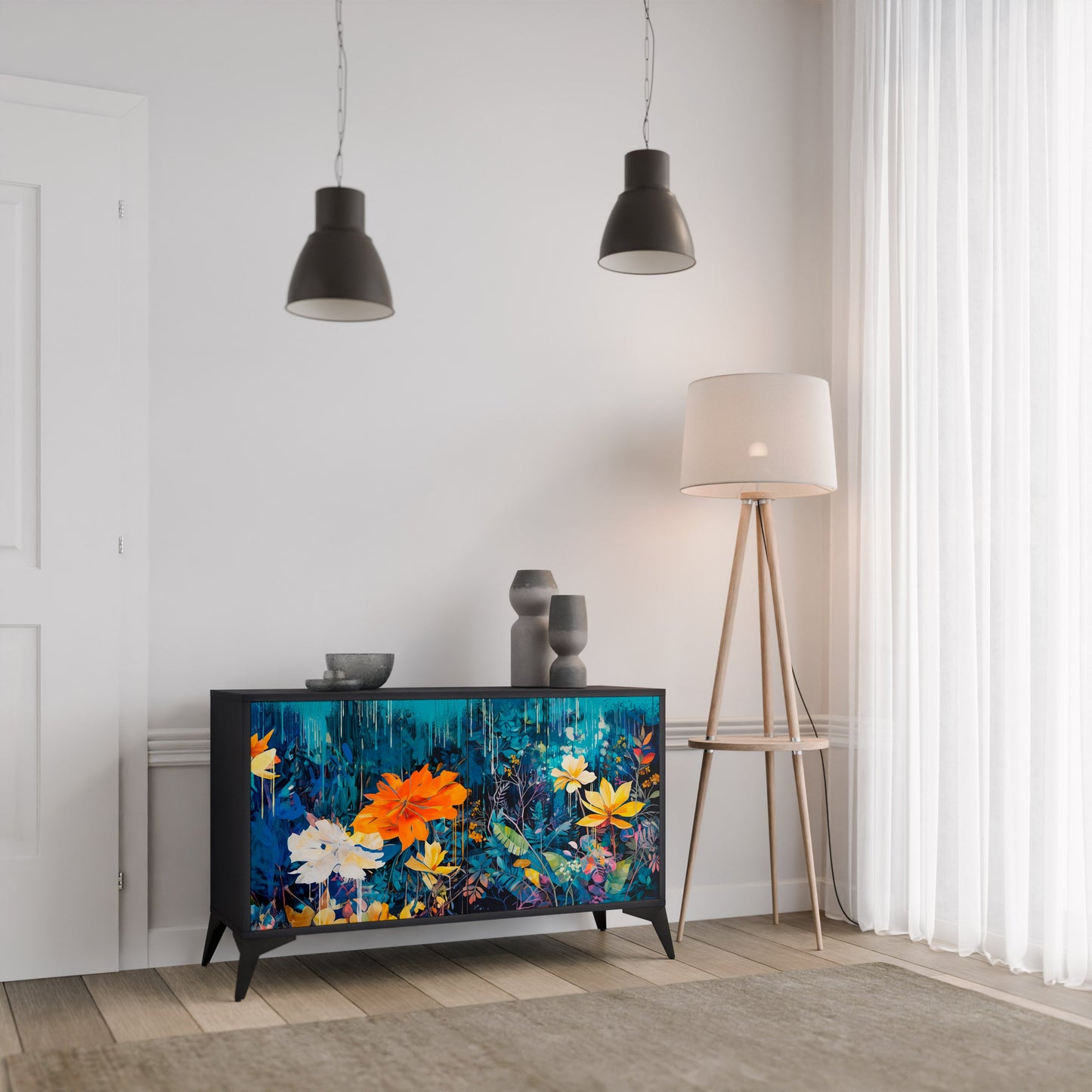 Credenza a 2 ante MIDNIGHT BLOSSOM in finitura nera